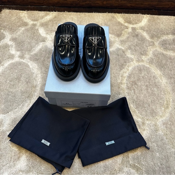 NIB Prada Leather Logo Loafer Mules - Picture 4 of 13